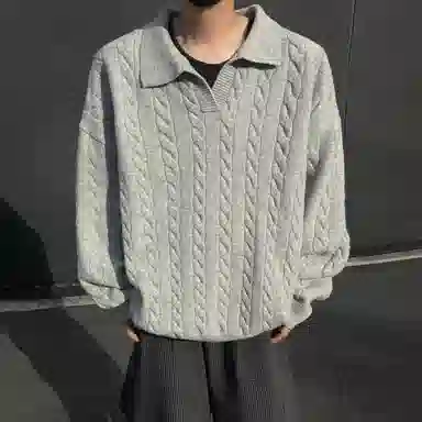 悍戈 美式韩系复古慵懒风纯色麻花翻领宽松百搭面料舒适可内搭外穿适合通勤休闲等多种场景针织衫 男女同款