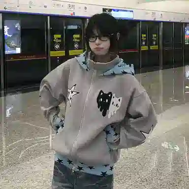 玉儿恋 美式复古星星猫咪刺绣设计感宽松百搭情侣连帽秋冬开衫外套卫衣 男女同款