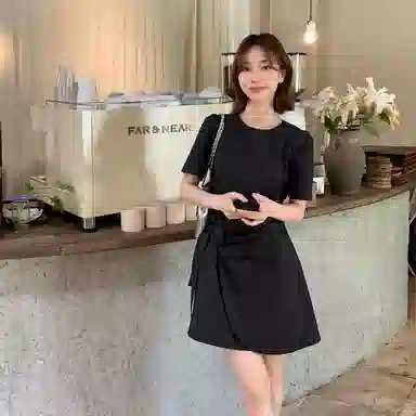 法儿家 韩系小个子收腰短袖连衣裙 女款 黑色