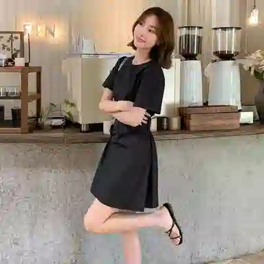 法儿家 韩系小个子收腰短袖连衣裙 女款 黑色