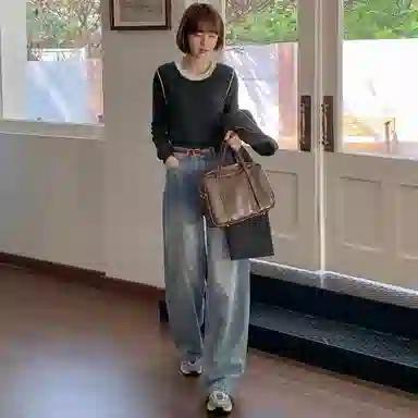 法儿家 韩系慵懒修身圆领针织衫 女款