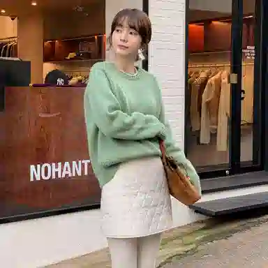 法儿家 小个子高腰菱格宽松休闲短裙 女款