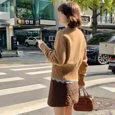 法儿家 小个子高腰菱格宽松休闲短裙 女款