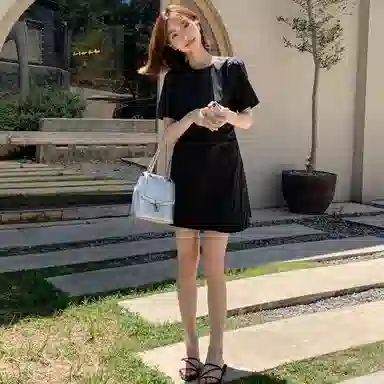 法儿家 韩系小个子收腰短袖连衣裙 女款 黑色