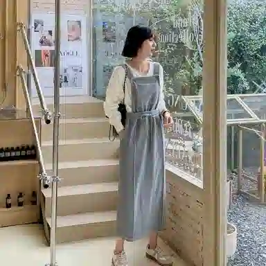 法儿家 纯色休闲宽肩带背带无袖连衣裙