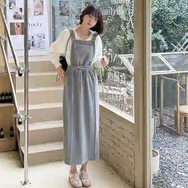 法儿家 纯色休闲宽肩带背带无袖连衣裙