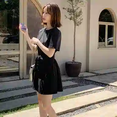 法儿家 韩系小个子收腰短袖连衣裙 女款 黑色