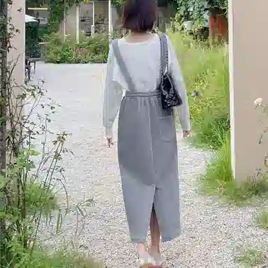 法儿家 纯色休闲宽肩带背带无袖连衣裙