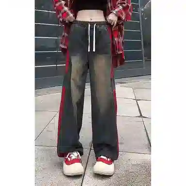 悍戈 美式高街复古条纹拼接设计感百搭宽松阔腿直筒长裤休闲裤 男女同款