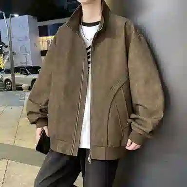 快鱼 美式复古高街纯色大码立领宽松外套拼接结构设计日常通勤百搭潮流皮衣 男女同款