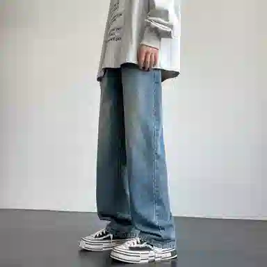 快鱼 复古纯色水洗工艺宽松休闲做旧阔腿直筒牛仔裤 男女同款