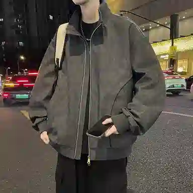 快鱼 美式复古高街纯色大码立领宽松外套拼接结构设计日常通勤百搭潮流皮衣 男女同款