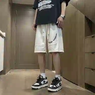 快鱼 美式复古纯色拼接条纹字母潮牌时尚百搭轻薄透气抽绳系带宽松直筒五分休闲短裤 男女同款