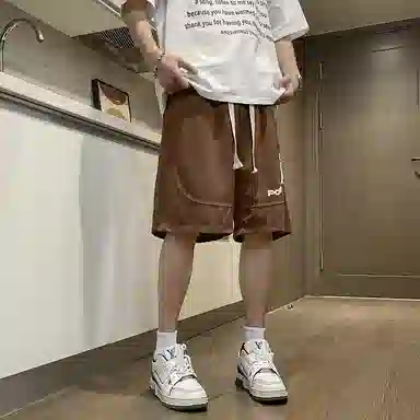 快鱼 美式复古纯色拼接条纹字母潮牌时尚百搭轻薄透气抽绳系带宽松直筒五分休闲短裤 男女同款