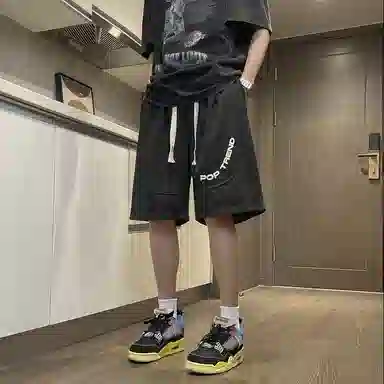 快鱼 美式复古纯色拼接条纹字母潮牌时尚百搭轻薄透气抽绳系带宽松直筒五分休闲短裤 男女同款