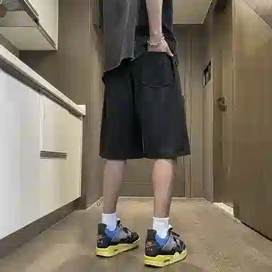 快鱼 美式复古纯色拼接条纹字母潮牌时尚百搭轻薄透气抽绳系带宽松直筒五分休闲短裤 男女同款