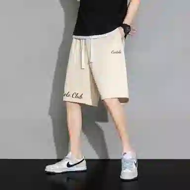 快鱼 美式简约基础款纯色字母印花系带中腰直筒宽松运动透气百搭阔腿五分休闲短裤 男女同款