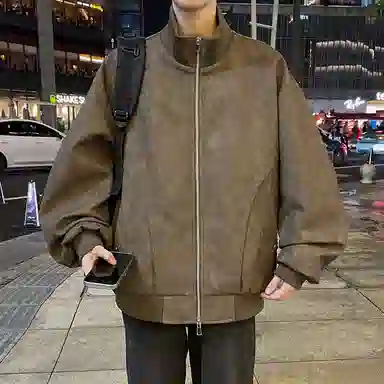 快鱼 美式复古高街纯色大码立领宽松外套拼接结构设计日常通勤百搭潮流皮衣 男女同款