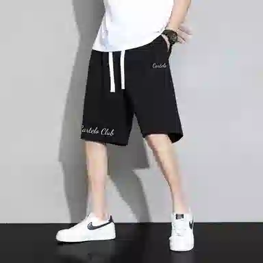 快鱼 美式简约基础款纯色字母印花系带中腰直筒宽松运动透气百搭阔腿五分休闲短裤 男女同款