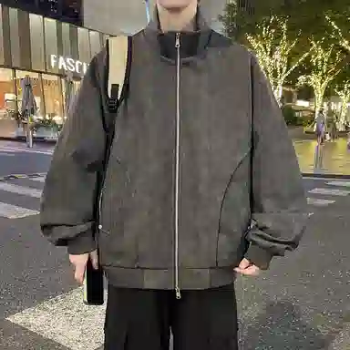 快鱼 美式复古高街纯色大码立领宽松外套拼接结构设计日常通勤百搭潮流皮衣 男女同款