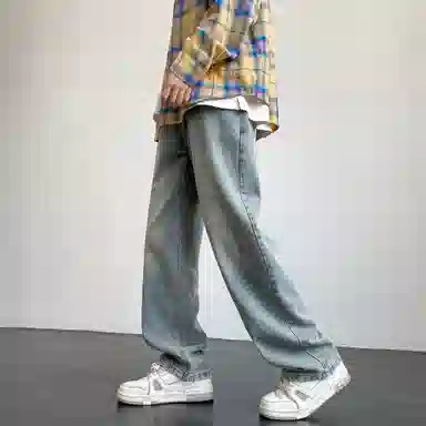 快鱼 复古纯色水洗工艺宽松休闲做旧阔腿直筒牛仔裤 男女同款