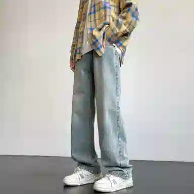 快鱼 复古纯色水洗工艺宽松休闲做旧阔腿直筒牛仔裤 男女同款