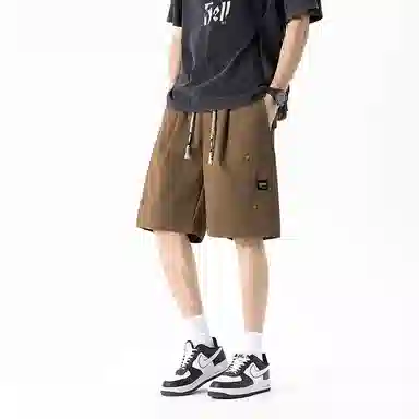 快鱼 美式高街纯色拼接潮牌时尚运动百搭宽松舒适透气五分休闲短裤 男女同款