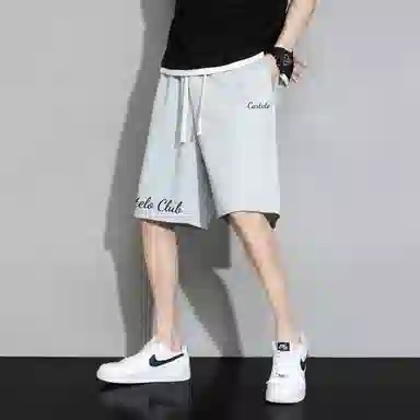 快鱼 美式简约基础款纯色字母印花系带中腰直筒宽松运动透气百搭阔腿五分休闲短裤 男女同款