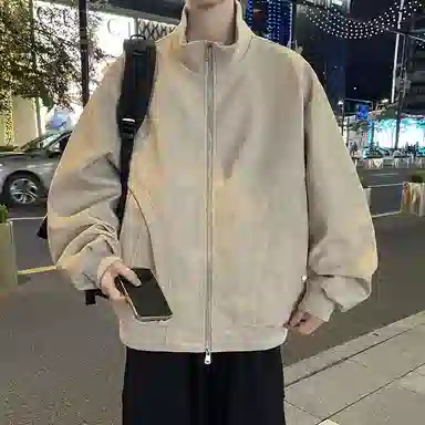 快鱼 美式复古高街纯色大码立领宽松外套拼接结构设计日常通勤百搭潮流皮衣 男女同款