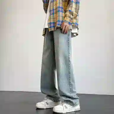 快鱼 复古纯色水洗工艺宽松休闲做旧阔腿直筒牛仔裤 男女同款