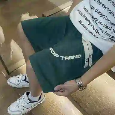 快鱼 美式复古纯色拼接条纹字母潮牌时尚百搭轻薄透气抽绳系带宽松直筒五分休闲短裤 男女同款