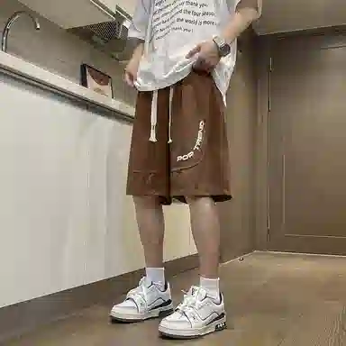 快鱼 美式复古纯色拼接条纹字母潮牌时尚百搭轻薄透气抽绳系带宽松直筒五分休闲短裤 男女同款