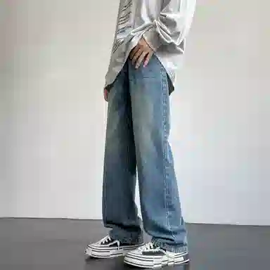 快鱼 复古纯色水洗工艺宽松休闲做旧阔腿直筒牛仔裤 男女同款