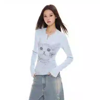 APEA Cat Print Henley Top