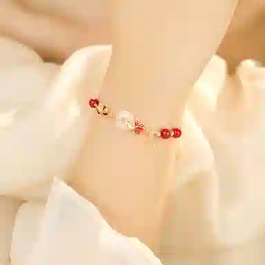 珍·尚银 中国黄金【好运锦鲤】幸福莲莲 朱事顺心 新中式手饰 小众轻奢设计 礼盒再造辰砂 玉髓 玉石手链 女款