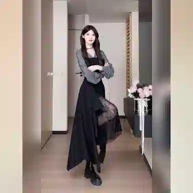 桴生 早秋赫本风时尚优雅蕾丝拼接不规则显瘦衬衫裙长袖连衣裙 女款