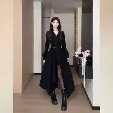 桴生 早秋赫本风时尚优雅蕾丝拼接不规则显瘦衬衫裙长袖连衣裙 女款