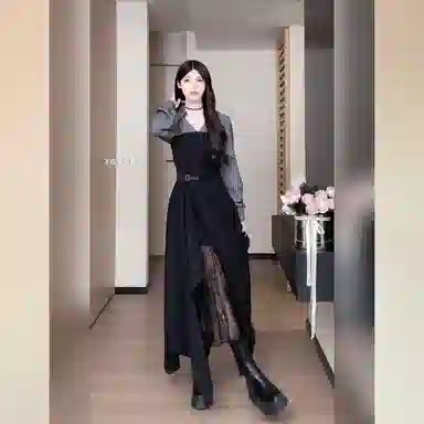 桴生 早秋赫本风时尚优雅蕾丝拼接不规则显瘦衬衫裙长袖连衣裙 女款