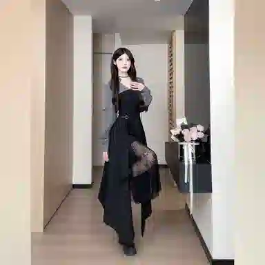 桴生 早秋赫本风时尚优雅蕾丝拼接不规则显瘦衬衫裙长袖连衣裙 女款