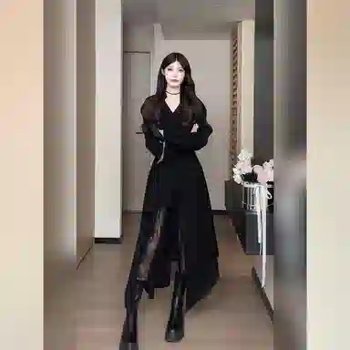 桴生 早秋赫本风时尚优雅蕾丝拼接不规则显瘦衬衫裙长袖连衣裙 女款