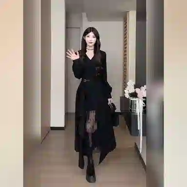 桴生 早秋赫本风时尚优雅蕾丝拼接不规则显瘦衬衫裙长袖连衣裙 女款