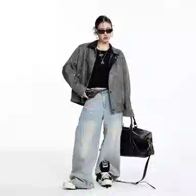 美式复古高街风宽松休闲撞色拼接夹克皮衣 男女同款