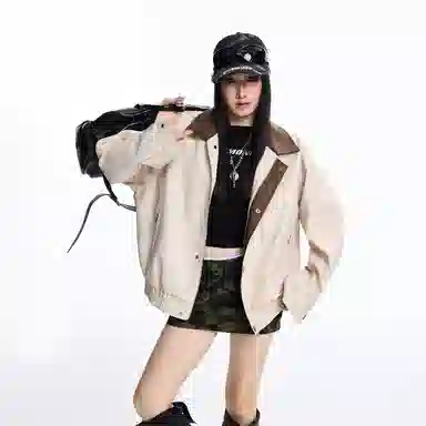 美式复古高街风宽松休闲撞色拼接夹克皮衣 男女同款