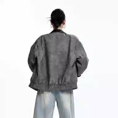 美式复古高街风宽松休闲撞色拼接夹克皮衣 男女同款