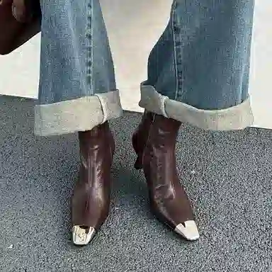 羊皮 法式金属拼色方头休闲时尚潮流 短靴 女款