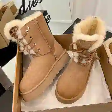 皮毛一体百搭通勤潮流时尚保暖 短中筒 雪地靴 女 栗色