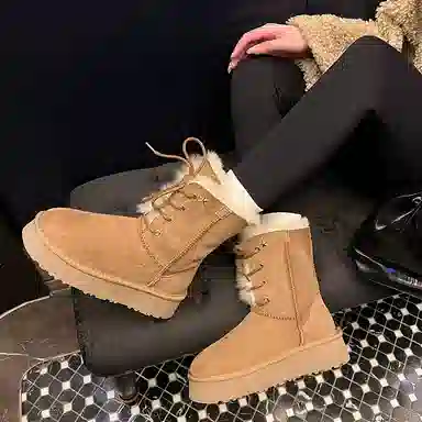 皮毛一体百搭通勤潮流时尚保暖 短中筒 雪地靴 女 栗色