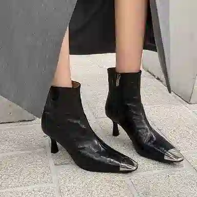 羊皮 法式金属拼色方头休闲时尚潮流 短靴 女款