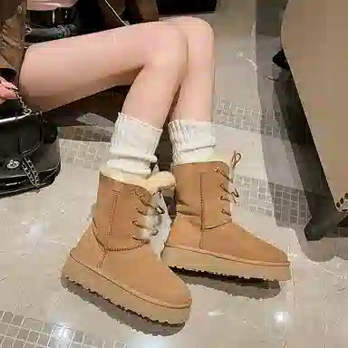 皮毛一体百搭通勤潮流时尚保暖 短中筒 雪地靴 女 栗色