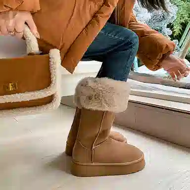 绒面 保暖耐磨防滑 厚底厚绒时尚百搭通勤潮流复古美拉德 高筒 雪地靴 女款 栗色